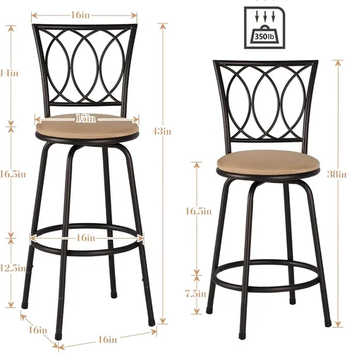 Miniatura 3 de VECELO Taburetes de bar, taburete de bar ajustable de 24/29 pulgadas, taburete giratorio con asiento tapizado, sillas de pub bistró de acero