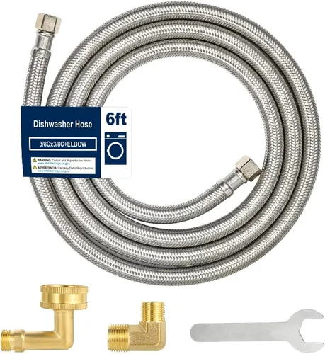 Manguera para lavavajillas de 6 pies con codo - Línea de suministro trenzada de acero inoxidable, compresión de 3/8 pulgadas a codo de 3/8 pulgadas,