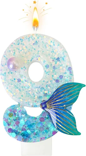 Miniatura 15 de Vela de sirena número 3, decoración de pastel de cola de sirena azul para decoración de fiesta de cumpleaños y aniversario de niñas (número 3)