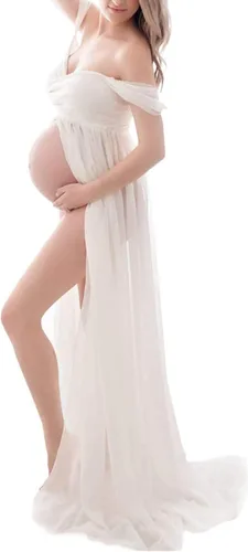 ZIUMUDY Vestido de gasa de maternidad con hombros descubiertos para sesión de fotos, vestido largo de encaje frontal dividido para fotografía