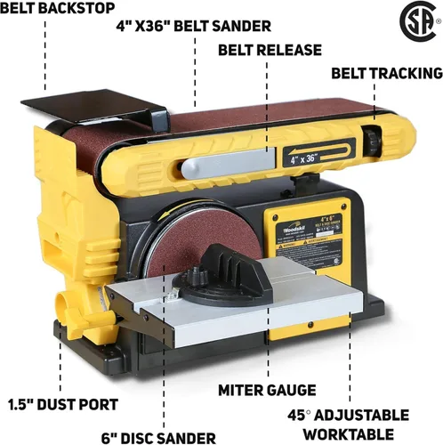 Miniatura 4 de Woodskil Combo de lijadora de banda y disco de 4.5 amperios, lijadora de banda de 4x36" y lijadora de disco de 6" con motor de 3/4HP, modelo mejorado