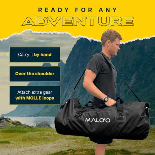 Miniatura 4 de Malo’o Bolsa de lona impermeable seca, bolsa de equipo resistente de cubierta enrollable impermeable con correas para el hombro y bucles Molle, Negro