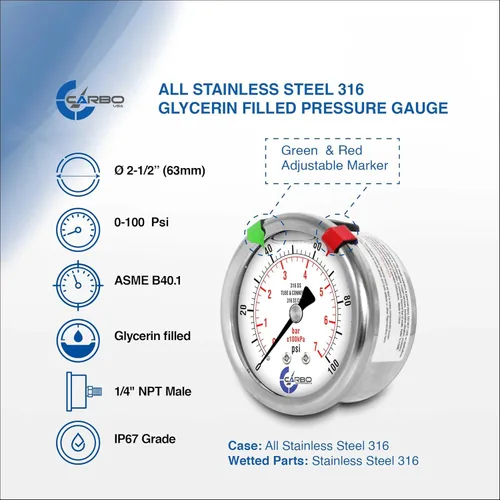 Miniatura 33 de Medidor de presión relleno de líquido de 300 PSI, dial de 2.5 pulgadas, montaje trasero 1/4 NPT, estuche 316 SS, 316 piezas mojadas SS, PSI/barra