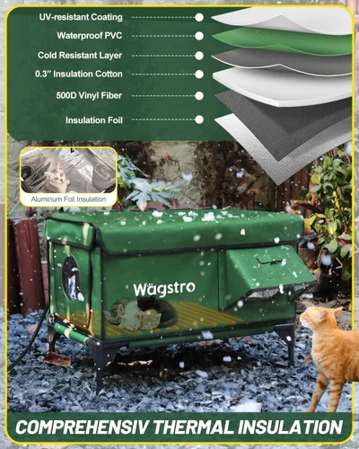 Miniatura 4 de Casa Calefaccionada para Gatos de Exterior, Casa Aislada Resistente a la Intemperie para Gatos de Exterior con Aleros Impermeables y Puerta de Verde