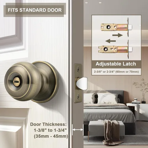 Miniatura 3 de Probrico Paquete de 6 pomos de privacidad para puerta, cerradura interior para dormitorio, baño, manija de puerta de latón antiguo, bola redonda sin