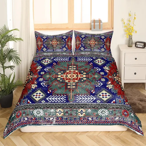 Miniatura 10 de Juego de funda de edredón persa individual, juego de ropa de cama exótica bohemio, azul, amarillo, degradado, rojo, floral, bohemio, tribal, encaje