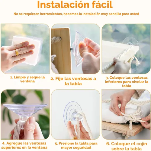 Miniatura 9 de Percha para ventana de gato, hamaca para ventana para gatos con asiento de madera maciza, 4 ventosas resistentes, cojín de felpa, cama