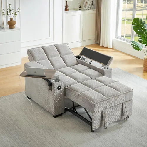 Miniatura 13 de Sofá cama convertible 3 en 1, sofá extraíble con puertos USB, portavasos y reposabrazos de almacenamiento, silla de dormir con mesa auxiliar