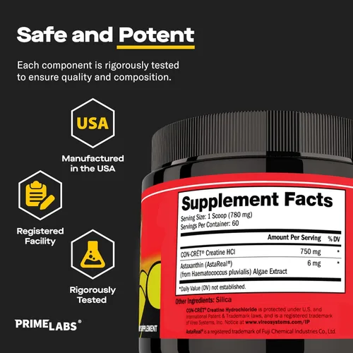 Miniatura 6 de Prime Labs - Creatina HCl en polvo con Astaxantina - Apoya la recuperación muscular y la salud cerebral - Con-Cret Creatina HCl