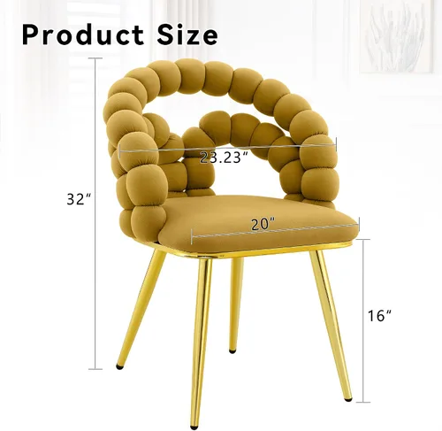 Miniatura 2 de Juego de 2 sillas de comedor de terciopelo, sillas decorativas tapizadas amarillas, sillas de barril con patas doradas para comedor, maquillaje