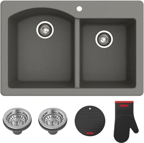 Miniatura 21 de Kraus Forteza - Fregadero de cocina de doble seno 50/50 de granito de instalación empotrada/sobre encimera, 33 pulgadas, color negro (KGD-52BLACK)