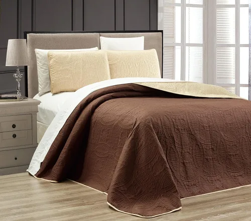 Miniatura 2 de Grand Linen Juego de colcha reversible de 3 piezas de tamaño King con adornos de color marrón chocolate y caqui de 118 x 106 pulgadas