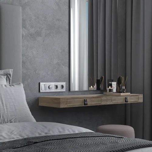 Miniatura 6 de Juego de 2 estantes flotantes con cajón, mesita de noche para dormitorio, baño o cocina, estante de pared de 16 pies con almacenamiento, color gris