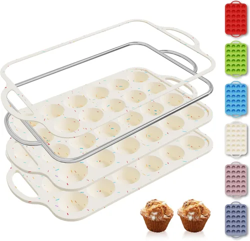 Miniatura 14 de 2 paquetes de 12 tazas de molde para magdalenas de silicona para hornear con marco reforzado de metal, molde para cupcakes de tamaño regular, Crema
