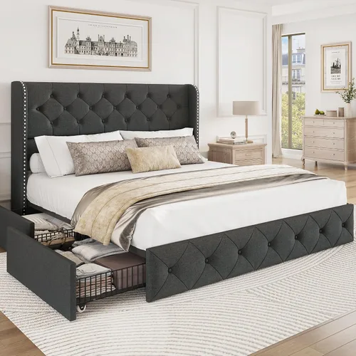 Miniatura 12 de BRELTAM Marco de Cama Tamaño Queen con Cajones de Almacenamiento y Cabecero Wingback Tapizado en Terciopelo Marco de Cama Plataforma Camas Blanco