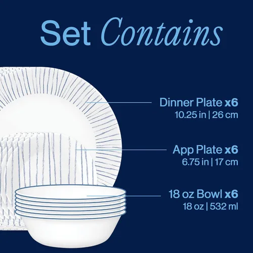 Miniatura 3 de Corelle - Juego de vajilla de 18 piezas para 6 personas, platos y tazones redondos ligeros, vidrio de triple capa Vitrelle, resistente a las Franjas