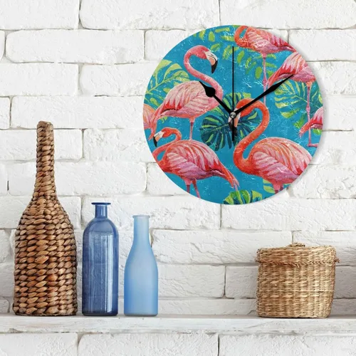 Miniatura 3 de Vintage Painting Flamingos Palm Leaf Blue 10 Inch Round Small Wall Clocks Battery Operated Quiet Deco for Office Farmhouse Dining Room reloj
