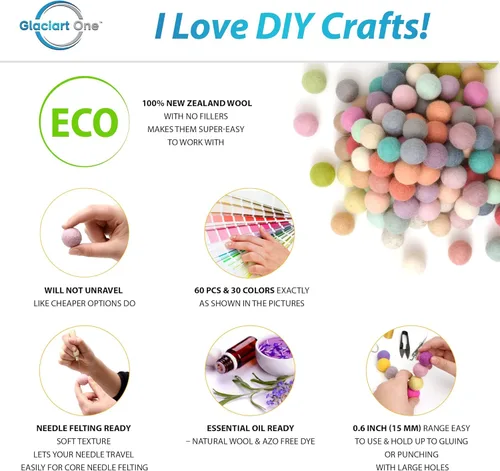 Miniatura 2 de Glaciart One Bolas de Fieltro con Pompón, Bolas de Fieltro de Lana (60 Piezas) 1.5 cm – 0.6 Pulgadas, Hechas a Mano en 30 Colores Pastel