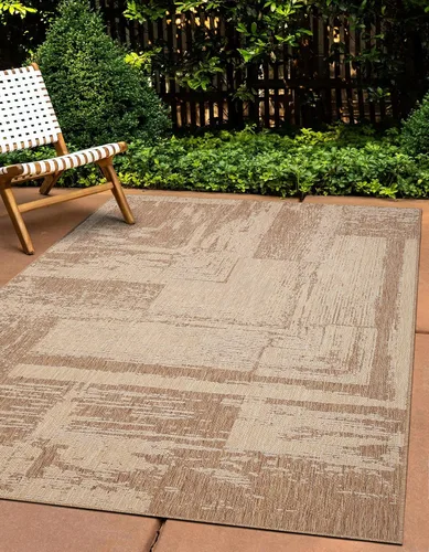 Miniatura 5 de Alfombra moderna abstracta para interiores y exteriores, resistente a la intemperie, para porche, terraza, balcón, patio, 5 x 7 pies, color beige