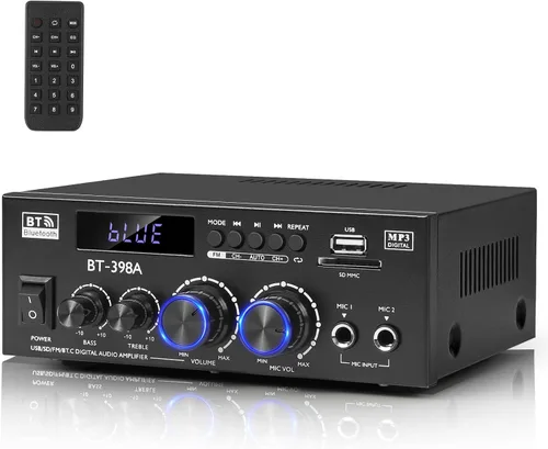 Romica Amplificador de audio estéreo, 2 canales 450W+450W Bluetooth 5.0 amplificador de potencia de cine en casa con radio FM, USB, SD, entradas