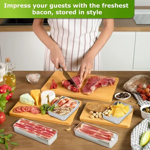Miniatura 5 de Contenedor de Tocino para Nevera, 1 Paquete de Contenedores Herméticos de Carne para Delicatessen de Acero Inoxidable 304 con Tapas para Nevera