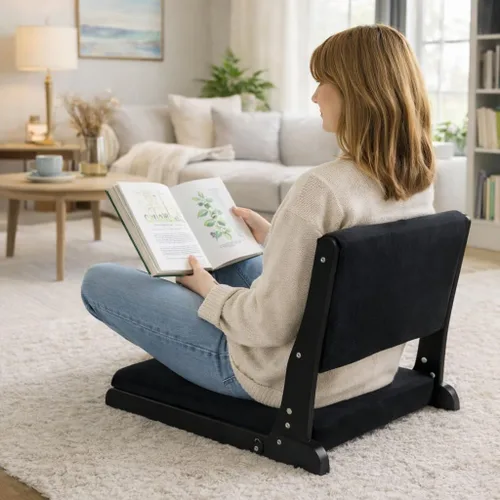 Miniatura 3 de HollyHOME Silla plegable de Tatami, asiento de piso estilo japonés tapizado, respaldo sin patas de madera con cojín, acento de meditación para Negro