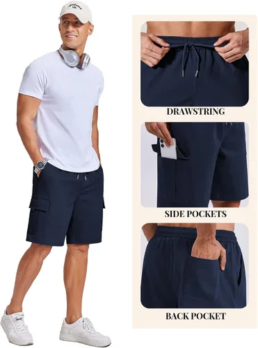 Miniatura 4 de COOFANDY Pantalones cortos cargo de sarga de algodón para hombre, con cordón elástico, cintura elástica, casual, con 5 bolsillos