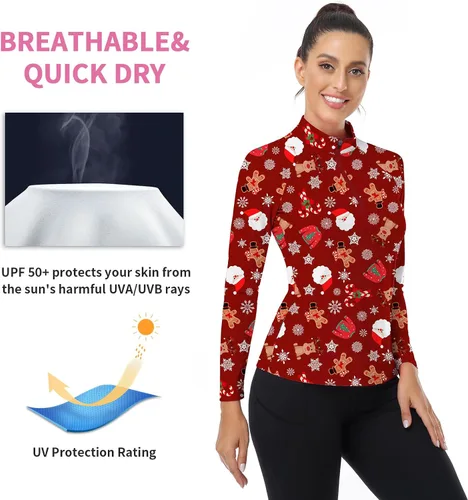 Miniatura 181 de WOWENY Camiseta deportiva de manga larga para mujer, con cremallera de un cuarto, cuello para entrenamiento, camiseta de tenis con estampado
