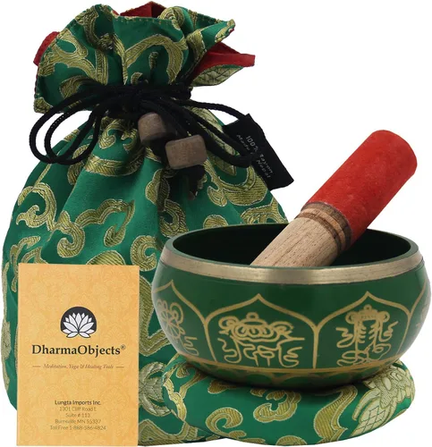 DharmaObjects Mediano ~ Juego de cuencos cantantes Om ~ Con mazo, cojín de brocado y bolsa de transporte ~ Para meditación, curación de chakras,