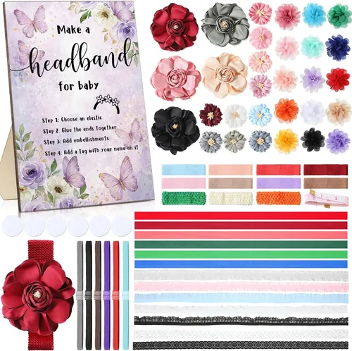 Miniatura 10 de Geosar Kit de diadema para baby shower, incluye letrero de madera con 60 cintas elásticas de flores bonitas, 10 telas redondas con cinta
