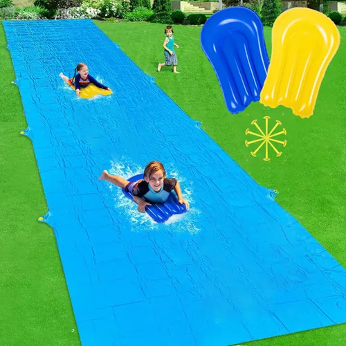 Tobogán de agua antideslizante, tobogán de agua extra largo de 30 pies para niños y adultos con 2 bodyboards, toboganes de agua deslizantes para