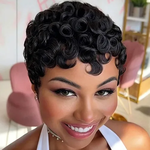 Miniatura 9 de MOONSHOW Pelucas cortas de corte Pixie para mujeres negras, pelucas cortas Pixie negras naturales para mujeres negras, peluca sintética rizada