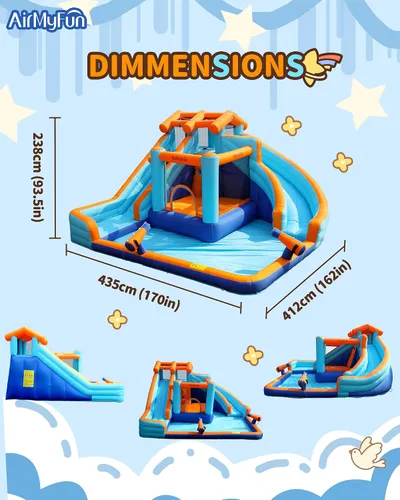 Miniatura 8 de AirMyFun Tobogán acuático inflable para patio trasero de niños, Mega parque acuático 9 en 1 con toboganes de carreras duales, pista deslizante larga