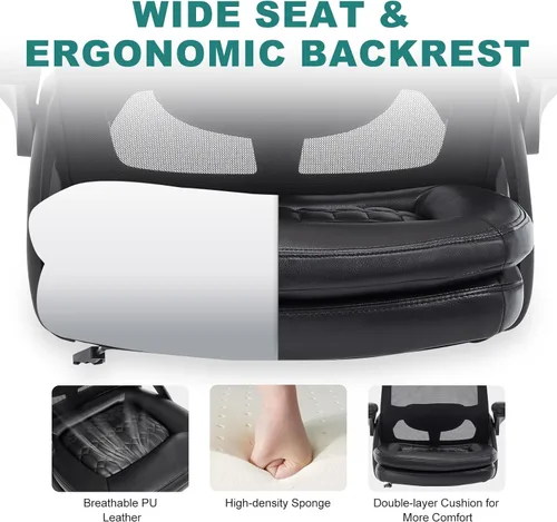 Miniatura 5 de Silla de oficina grande y alta, silla de escritorio ergonómica de malla de 500 libras con reposabrazos abatibles, asiento ancho de tamaño grande