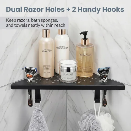 Miniatura 4 de HIDROP 2 Pack Corner Shower Shelves with 4 Hooks & 4 Razor Holes, 10" Matte Black Stainless Steel Bathroom Corner Shelf, Embed into Tile Gap Shower