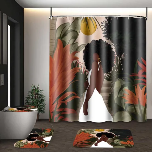 Miniatura 8 de Cortina de ducha de mujer afroamericana, sexy, de 36 x 72 pulgadas, poliéster, abstracto, bohemio, tropical, hojas de plantas tropicales, juego