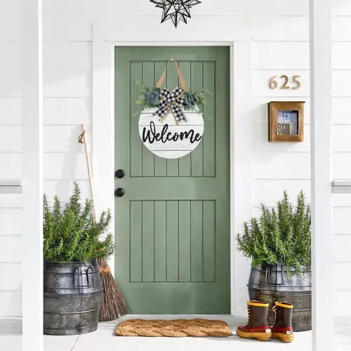 Miniatura 2 de Coronas de bienvenida 3D para puerta delantera, letrero de bienvenida de madera con rayas cóncavas horizontales blancas para decoración de pared