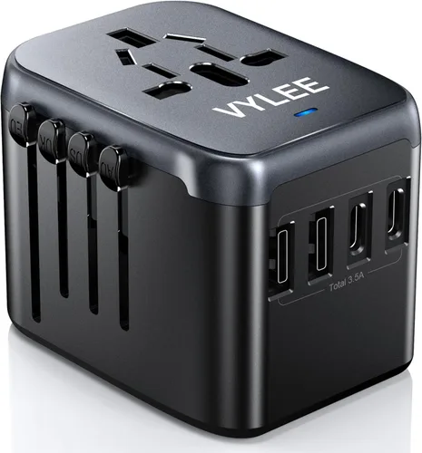 VYLEE - Adaptador de viaje universal, adaptador de corriente internacional 5 en 1, cargador de pared 3.5A 2xUSB-A y 2 USB C, enchufe esencial de