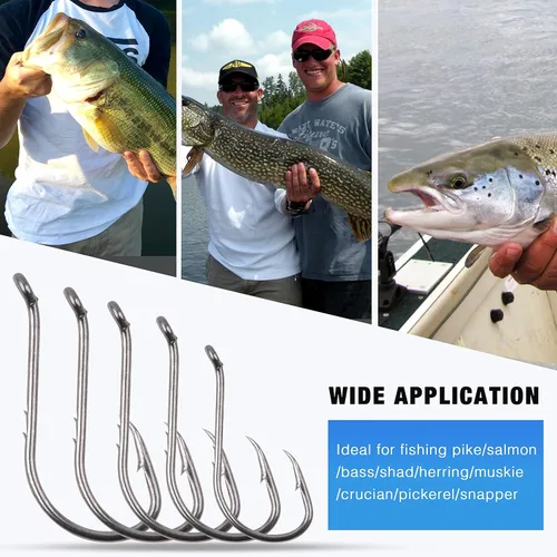 Miniatura 5 de Kit de anzuelos de pesca de pulpo, 130 piezas de ganchos circulares de pulpo desplazados, anzuelos en J de acero de alto carbono para agua dulce