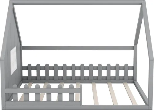 Miniatura 7 de MERITLINE Cama de casa para niños, cama Montessori tamaño matrimonial, marco de madera con rieles y ventana, no necesita somier, para niños, Gris