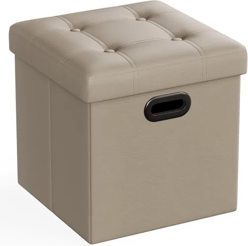Miniatura 10 de Otomana plegable por Songmics, cubo de almacenamiento de 15 pulgadas con agujero y asa, piel sintética, Madera, Negro