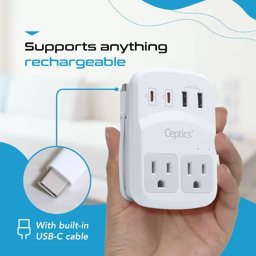 Miniatura 5 de Kit de adaptador de viaje mundial Ceptics 2 USB-A, USB-C, tomas de corriente EE. UU., entrega de potencia 20W/QC 18W, protección contra