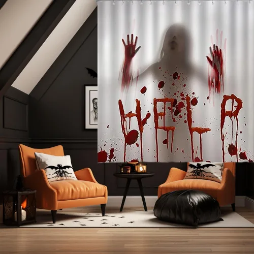 Miniatura 4 de Cortina de ducha de Halloween, cortinas de baño de terror sangriento de 72 x 72 pulgadas, tela impermeable con 12 ganchos para baño en casa, Rojo