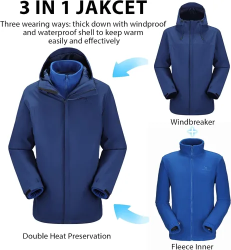 Miniatura 6 de CAMEL CROWN - Chaqueta de esquí para hombre 3 en 1, chaqueta de invierno impermeable para nieve, cortavientos, con capucha y forro polar cálido Azul
