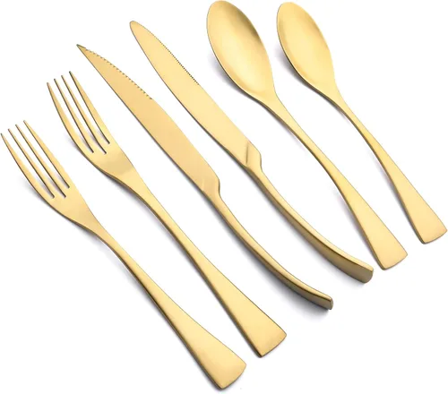 Miniatura 11 de Juego de cubiertos de color negro mate con cuchillo para carne, 24 piezas de cubiertos pesados de acero inoxidable 18/10, juego de utensilios