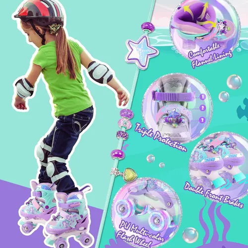 Miniatura 6 de Patines de Sirena para Niñas, MoSoulais 4 Tamaños Ajustables con Ruedas Iluminadas para Niños Pequeños, Patines para Mujeres Principiantes Púrpura