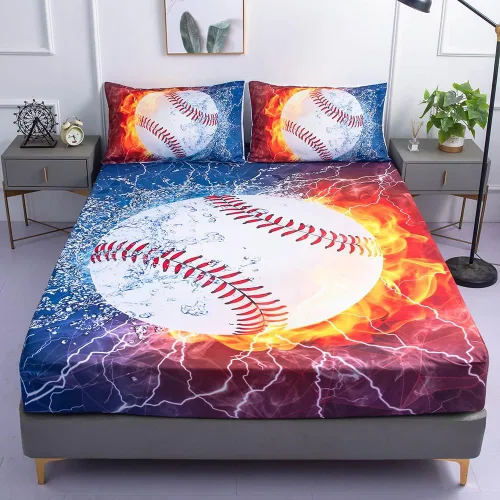 Juegos de Sábanas Deportivas de Béisbol Tamaño Full - 3 Piezas Galaxia de Llama de Hielo Béisbol para Niños Sábanas Ajustables (1 sábana bajera