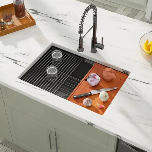 Miniatura 2 de Dcolora 27" Fregadero de cocina negro de gunmetal con estación de trabajo de acero inoxidable de calibre 16 para instalación empotrada - tazón Negro
