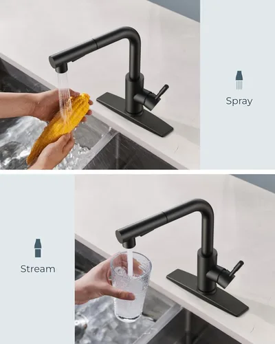 Miniatura 3 de FORIOUS Grifo de cocina negro con rociador desplegable, grifo clásico de acero inoxidable de una sola manija con salida extraíble para fregadero
