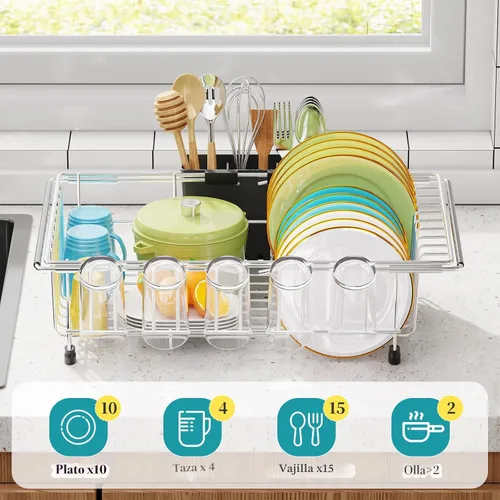 Miniatura 3 de Simple Trending Escurridor de platos ajustable en el fregadero, escurridor de platos para cocina pequeña, encimera interior del fregadero, sobre